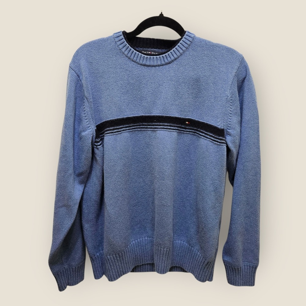 Tommy Hilfiger Mens Medium Blue Cotton‎ Wool Blend Striped Knit Sweater